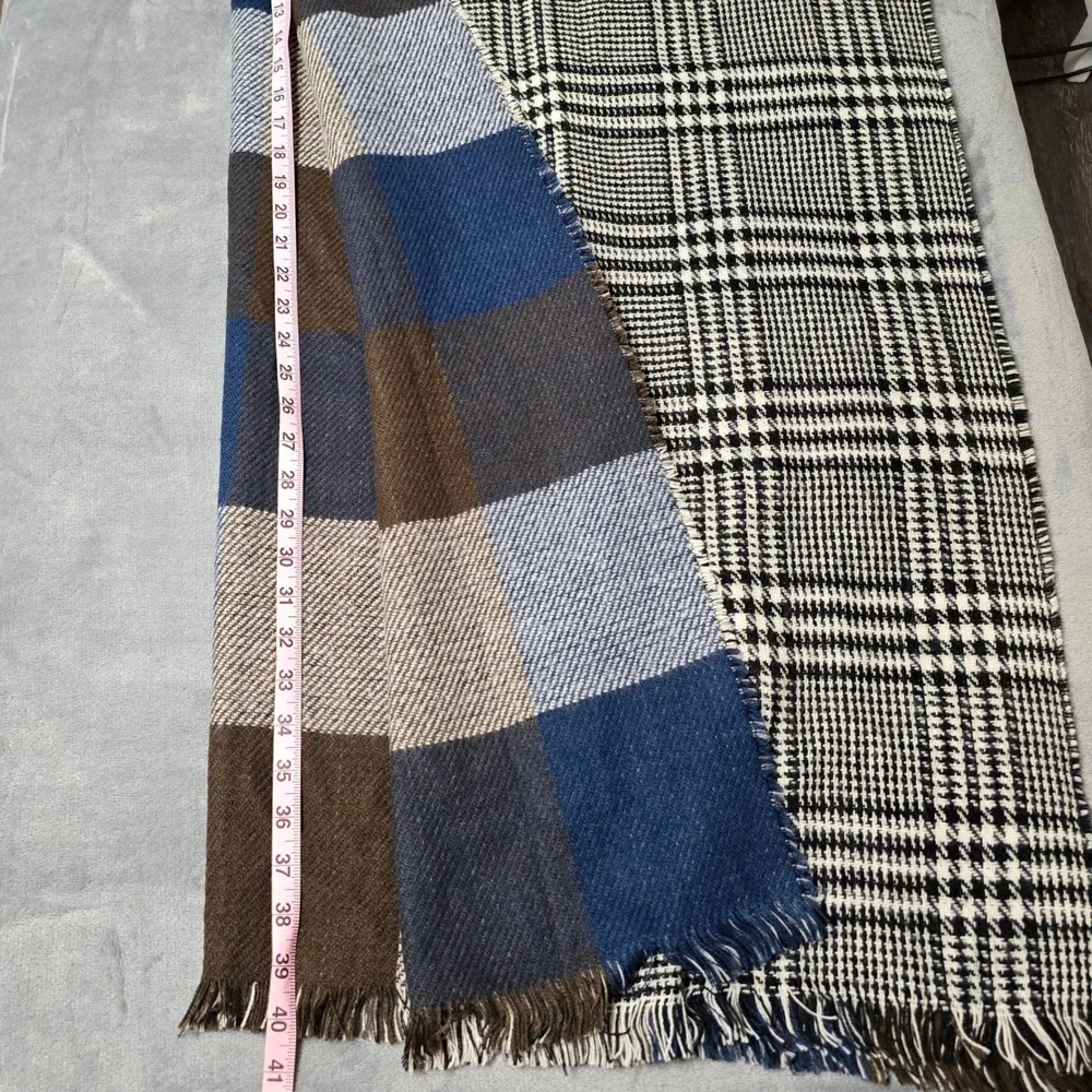 Modena Reversible Blanket Scarf Houndstooth‎ Blue Plaid Fringed Wrap Shawl
